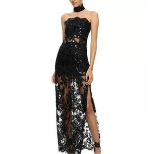 Alice And Olivia black lace sheer sequin embroidery maxi dress Size 4 Small